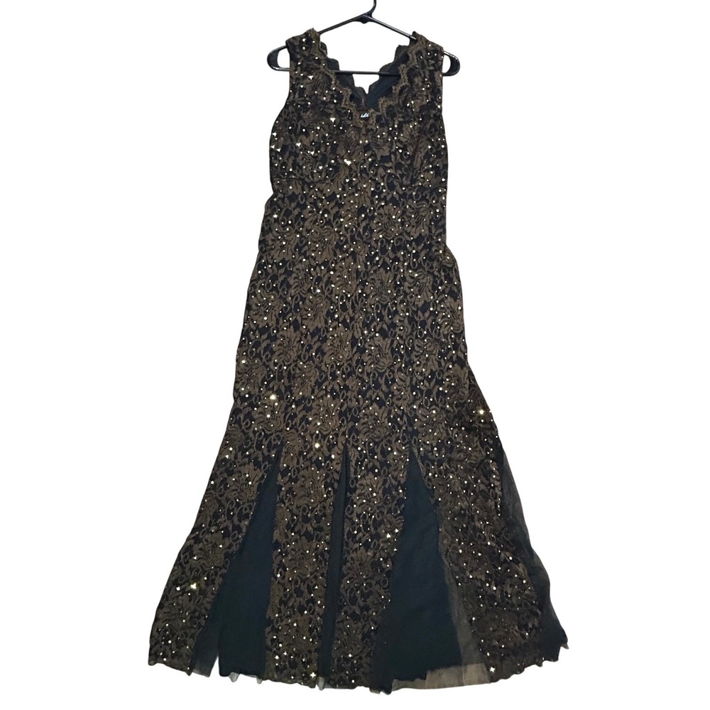 Lace Sequin Maxi Evening Gown M Brown Black Formal Gothic Dark Romantic Glam